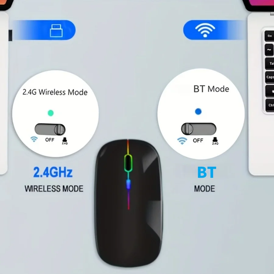 Ultra-Slim Wireless Rechargeable Mouse with LED Lighting, Dual Mode (BT & 2.4G), Compatible with iPad, Laptop, PC, Mac, Windows