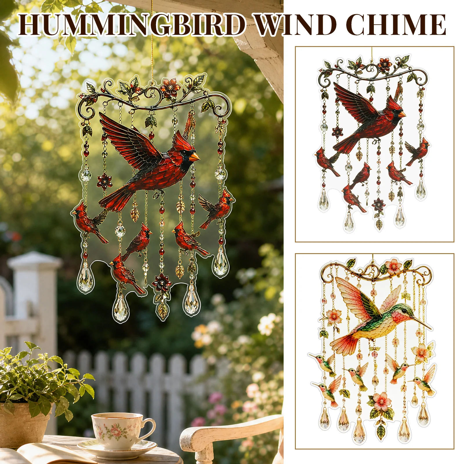 Cardinal/Hummingbird Style Wind Chime Acrylic Garden Hanging Wind Chime Decorative Window Sun Catcher Pendant for Home Decor
