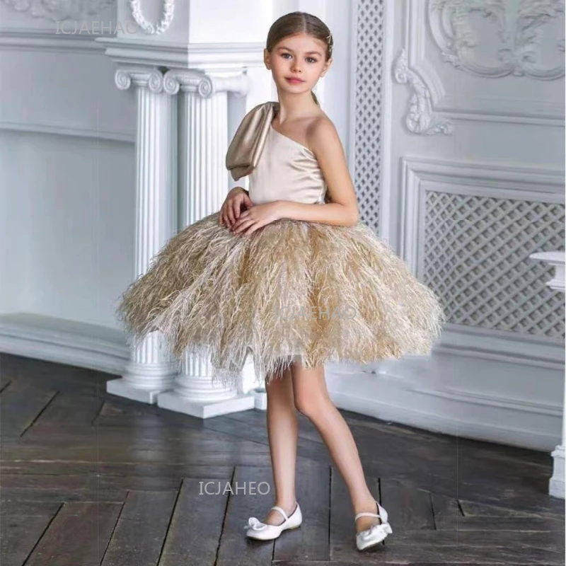 Champagne Children Girls Elegant Party Dress One Shoulder Gown for Host Performance Ball Pageant Formal Evening Dresses for Kids