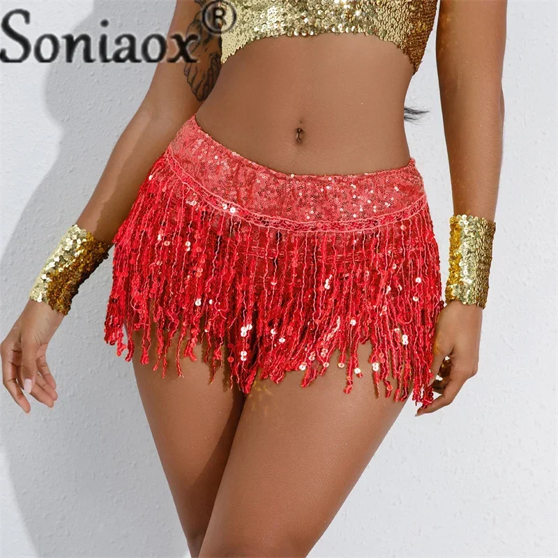 Fashion Tassel Sequin Decoration Shorts Ladies Stage Performance Clothes Latin Dance Skirt Solid Color Women's Bar Wear 2023 New