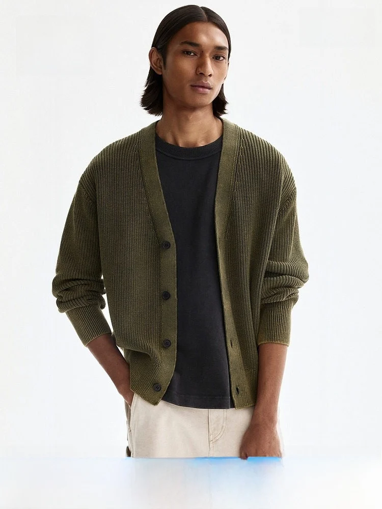 

Весенний новый повседневный хлопковый вязаный кардиган для мужчин, свободный крой, рубчатый трикотаж, H&M 32743, на пуговицах, стандартный, тонкий
