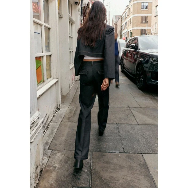 

Ортовое пальто с высокой талией и цветной строчкой Long Sve с отложным воротником Jaet и повседневные длинные брюки, женский комплект, осенний...