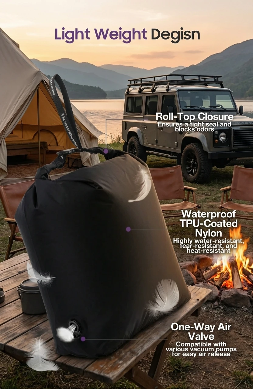 Glamping Vakuum-Kompressionsbeutel Ohne Pumpenbedarf Wasserdichter Ausrüstungsorganizer für Schlafsack Daunenjacke Vanlife Platzsparend – Detail 6