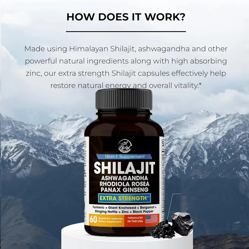 Shilajit Pure Himalaya 18000 milligrams,60 men\'s capsules containing South African drunken eggplant,Rhodiola, ginseng,and nettle