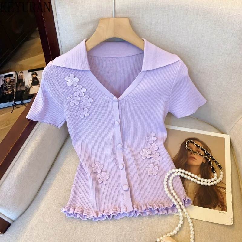 

Purple Flower Short Sleeve Knitted Cardigan Women's Summer French Style V-neck Ruffles Sweater T-shirt Slim Fit Sweet Short Tops