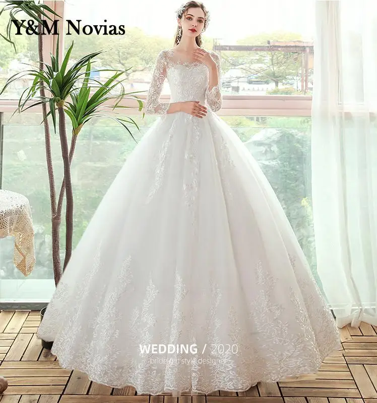 Muślin Vestidos De Novia w nowym stylu O-Neck Plus rozmiar suknia ślubna rękaw 3/4 kobiety koronkowe aplikacje suknia ślubna typu princeska