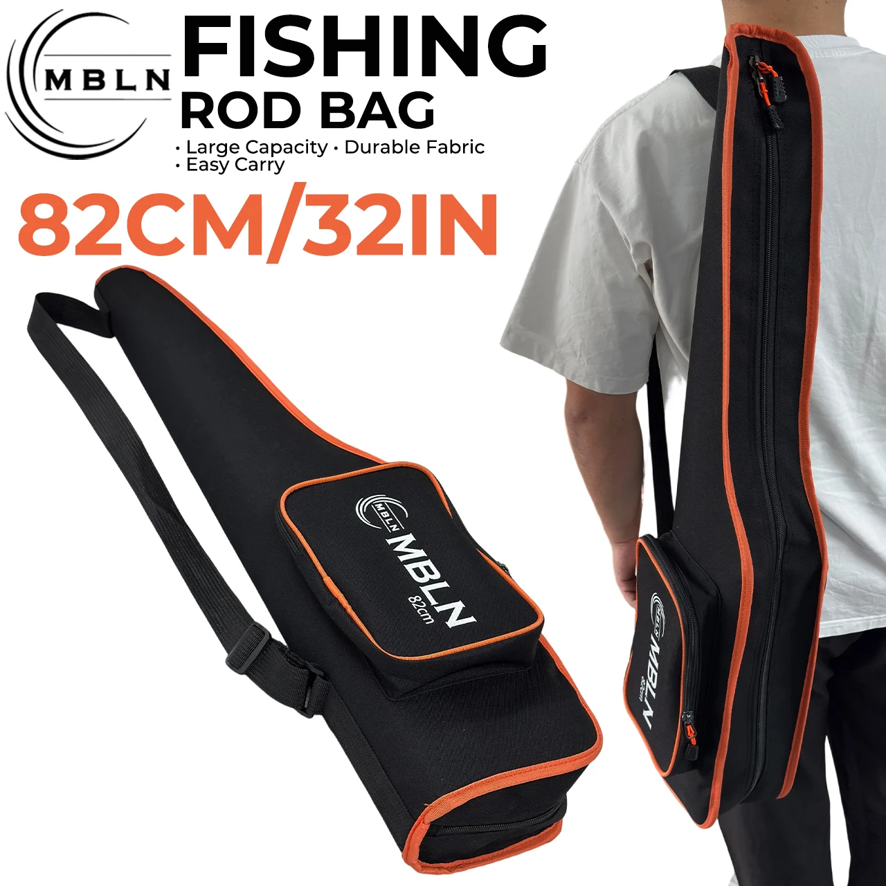 82cm Telescopic Fishing Rod Bag, Single Layer Ice Fishing Rod Case, Large Capacity,Side Pocket,Adjustable Strap,Travel Fishing