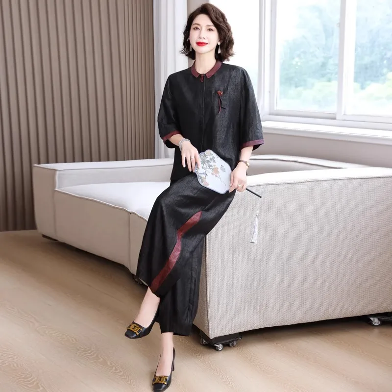 

New 2025 Spring Autumn High End Women's Silk anen Pants Set Loose Fit Meat Concealing Slimming Chinese Sle National Trend