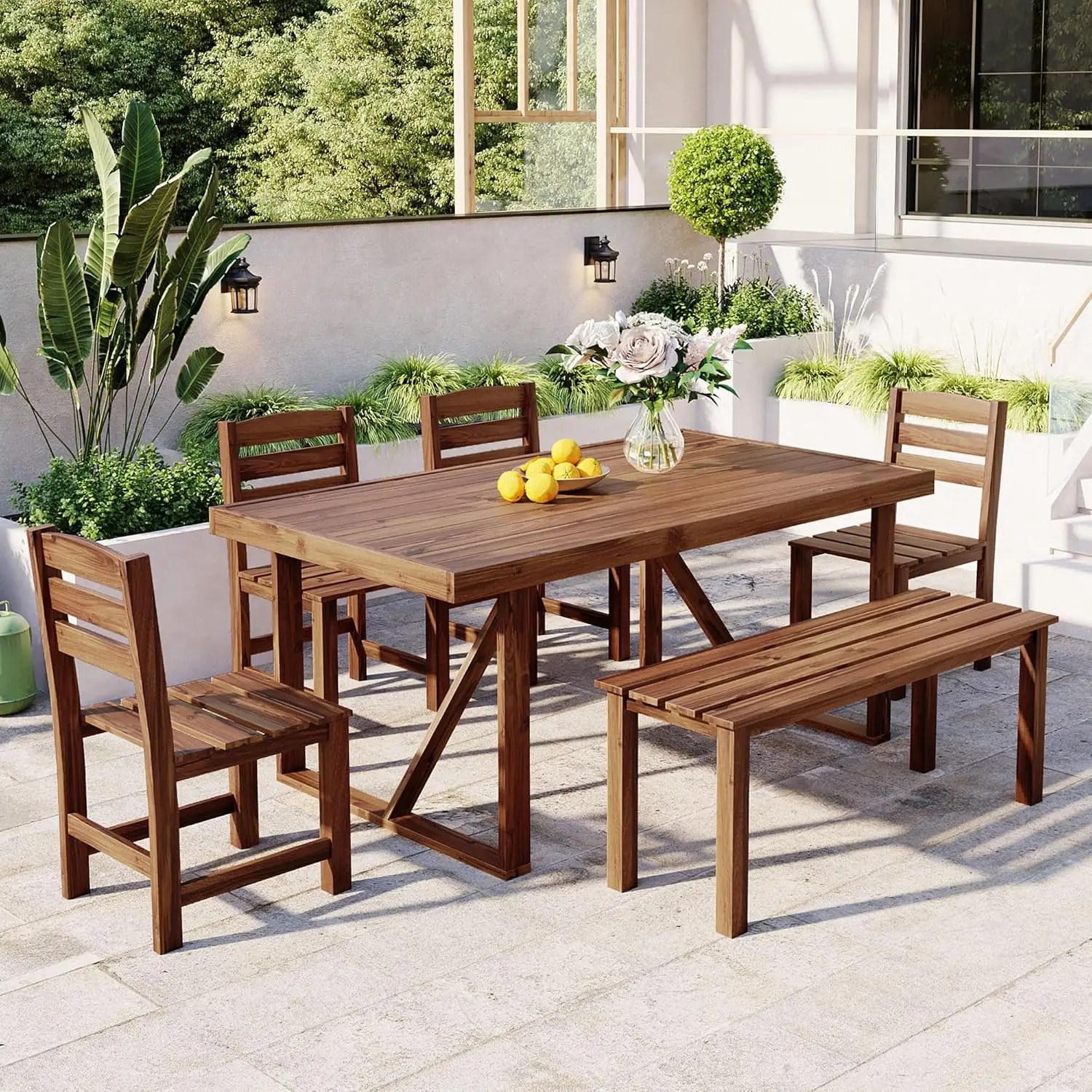 

Patio Dining Table Set for 6 Acacia Wood Outdoor Table and Chairs Set All Weather Patio Dining Set with Bench for Balcony Backya