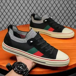 Shoes for Men Casual Shoes Spring Summer Striped Flat Skateboard Shoes Breathable Knit Slip-on Sneakers