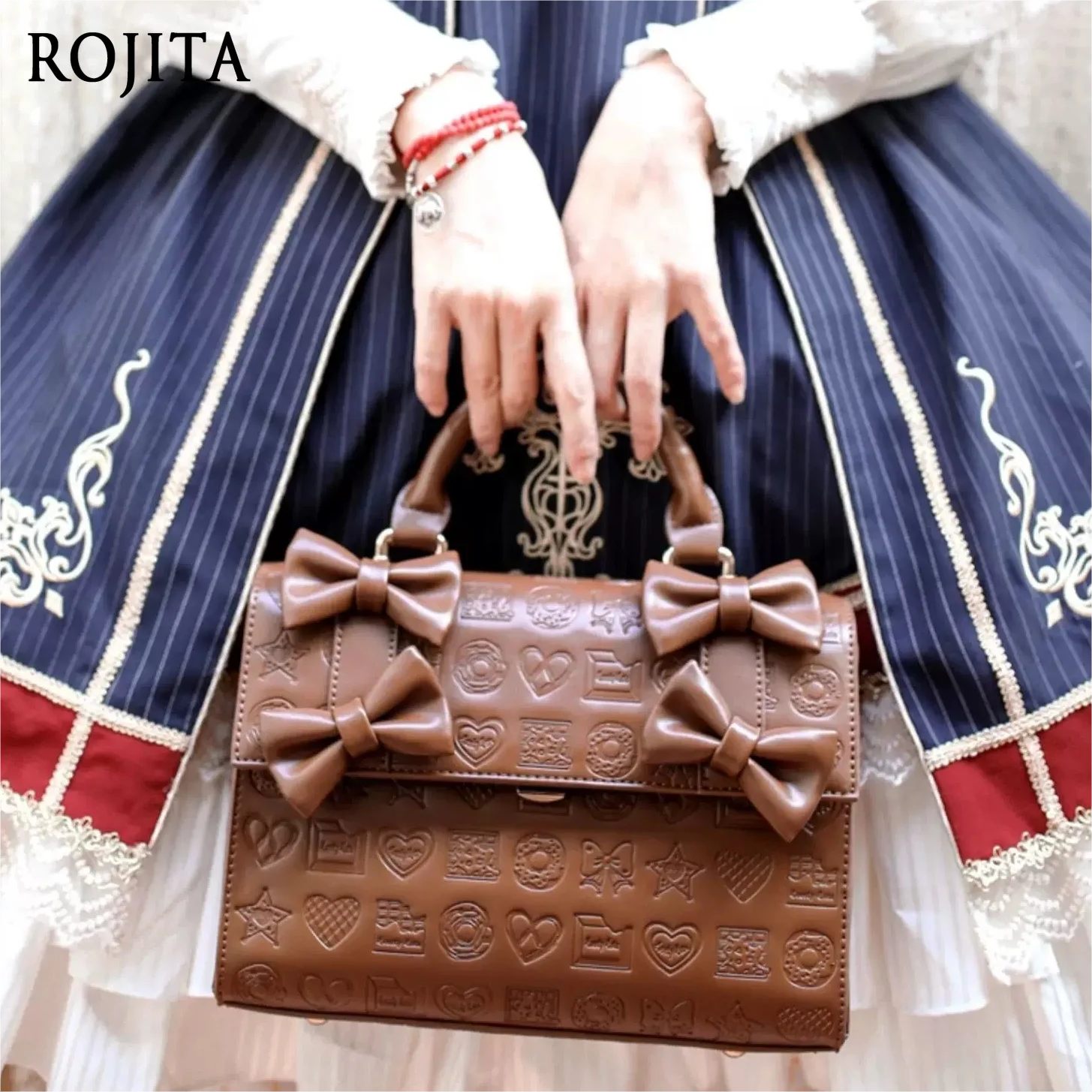 weet Lolita Rectangle Handbag PU Leather Embossed Pattern Multi‑Bow Decor Detachable Strap Women Crossbody Purse