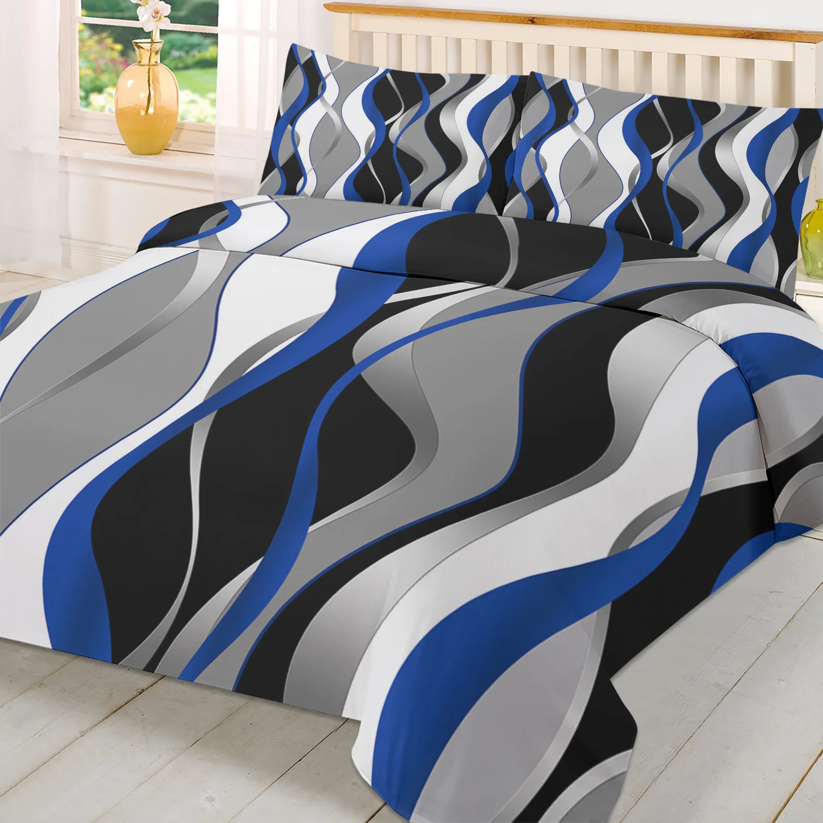Geometry Abstract Line Blue Black 3pcs Bedding Set For Double Bed Home Textile Duvet Cover Quilt Cover Pillowcase 4