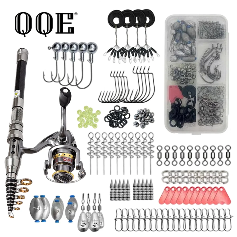 QQE Ultralight Carbon Telescopic Fishing Rod Combo Spinning Reel Full Tackle Kit with Hooks Sinkers Swivels Beads Tackle Box