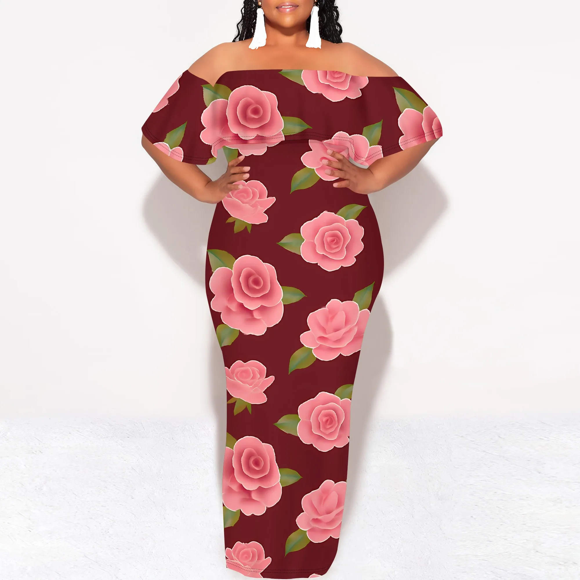 

Nupusa Plus Size Floral Off Shoulder Maxi Dress Women Summer Bodycon Long Dress Vintage Rose Print Elegant Party Wear