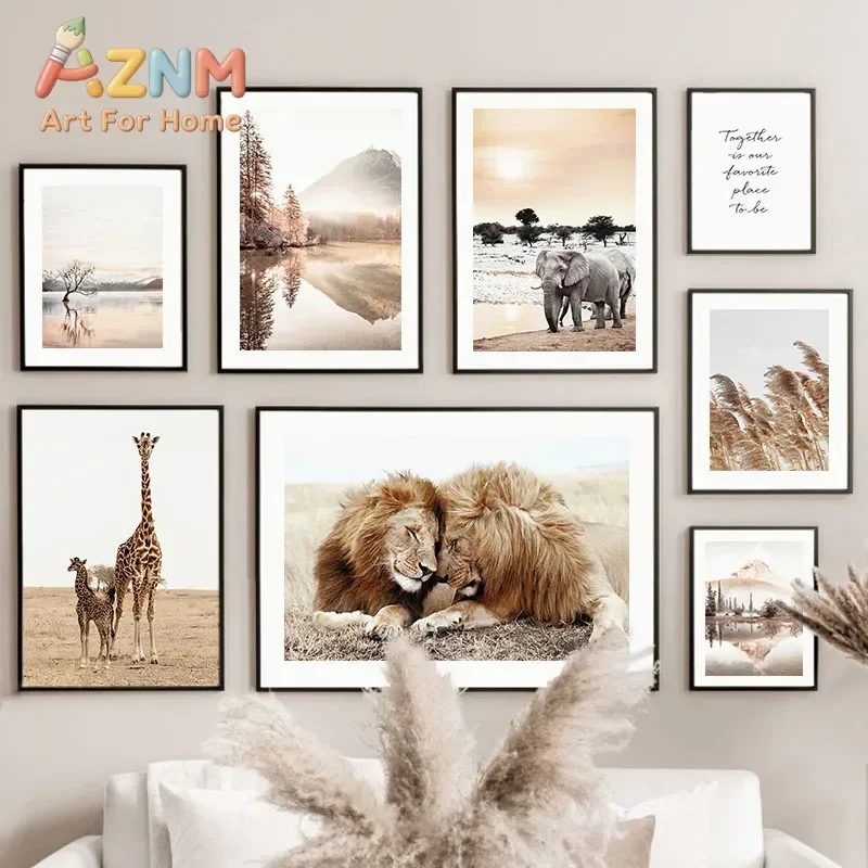 1pc frameless Lion Giraffe Elephant Reed Autumn Grassland Lake Wall Art Canvas Painting Posters And Prints Wall Pictures For Liv