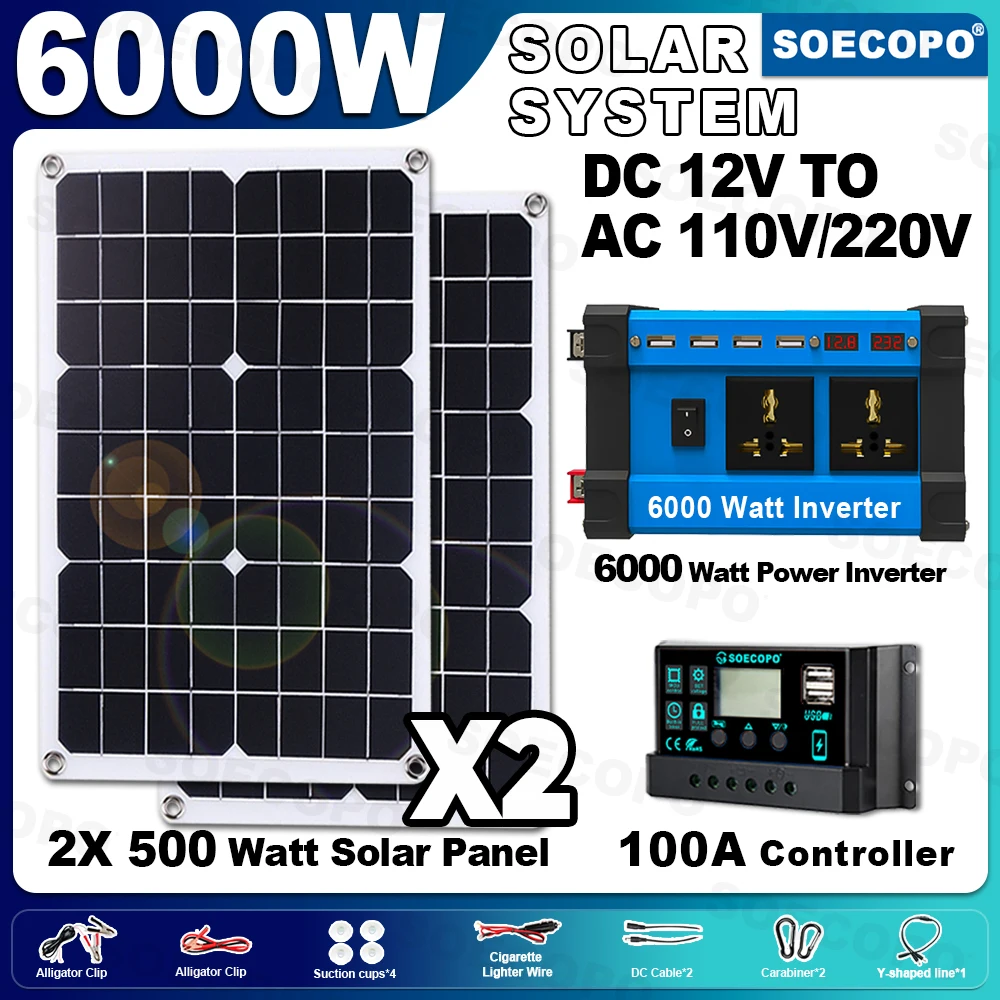

SOECOPO 6000W Solar ystSem Set 2×500W Panels 6000W Inverter (Digital Screen, 4 USB, 2 Sockets), 100A Controller Camping, Home