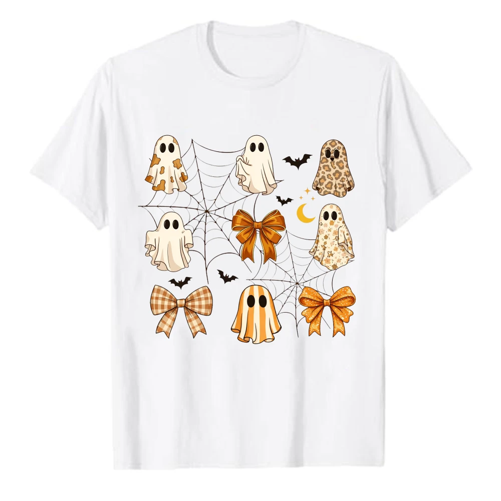 Cute Pattern Ghost Collage Halloween T‑Shirt Bow Bat Crescent Moon Coquette Grid Print Spooky Season Trick or Treat Cotton Tees