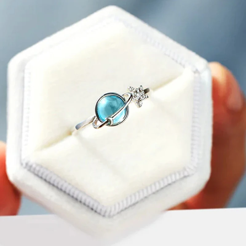 Women's Blue Planet and Silver Color Star Ring, Unique Design