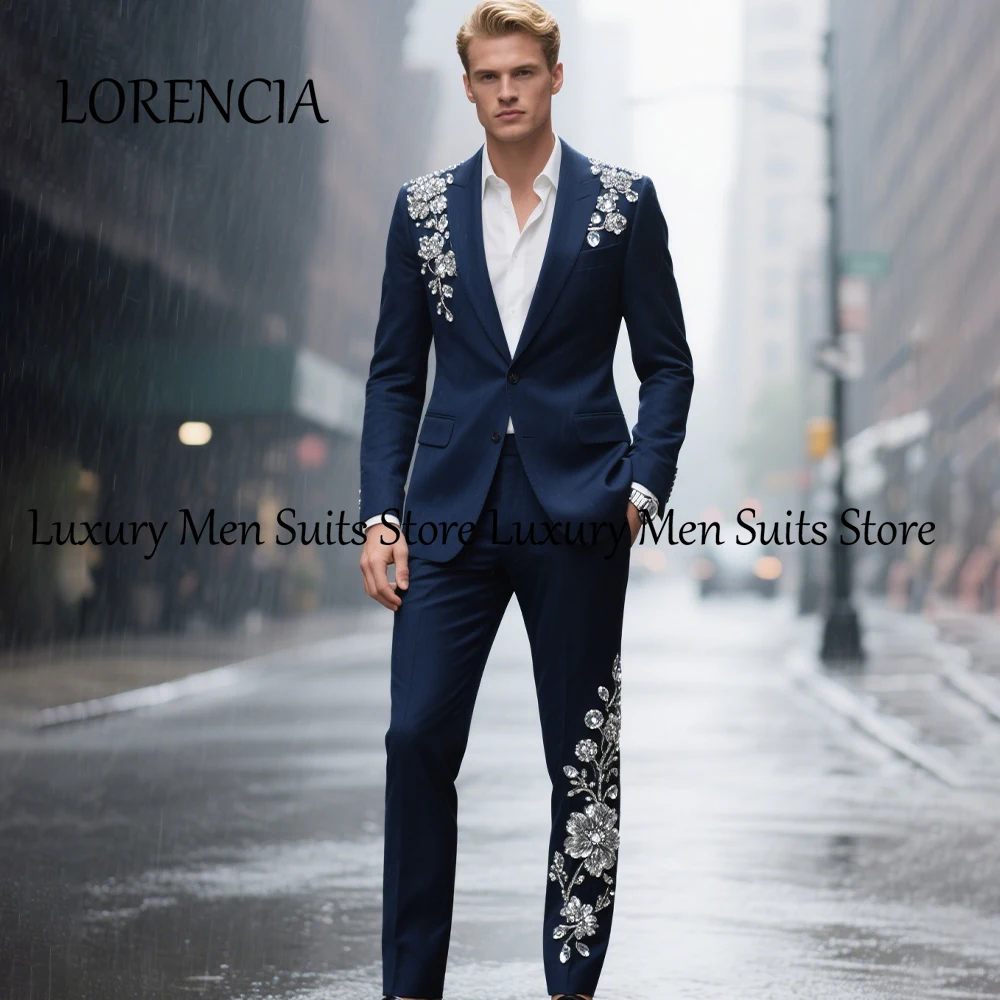 

Glitter Rhinestone Male Suits 2 Pieces Flat Collar Tuxedos Wedding Party Outfits Customized Blazer Pants costume homme luxe