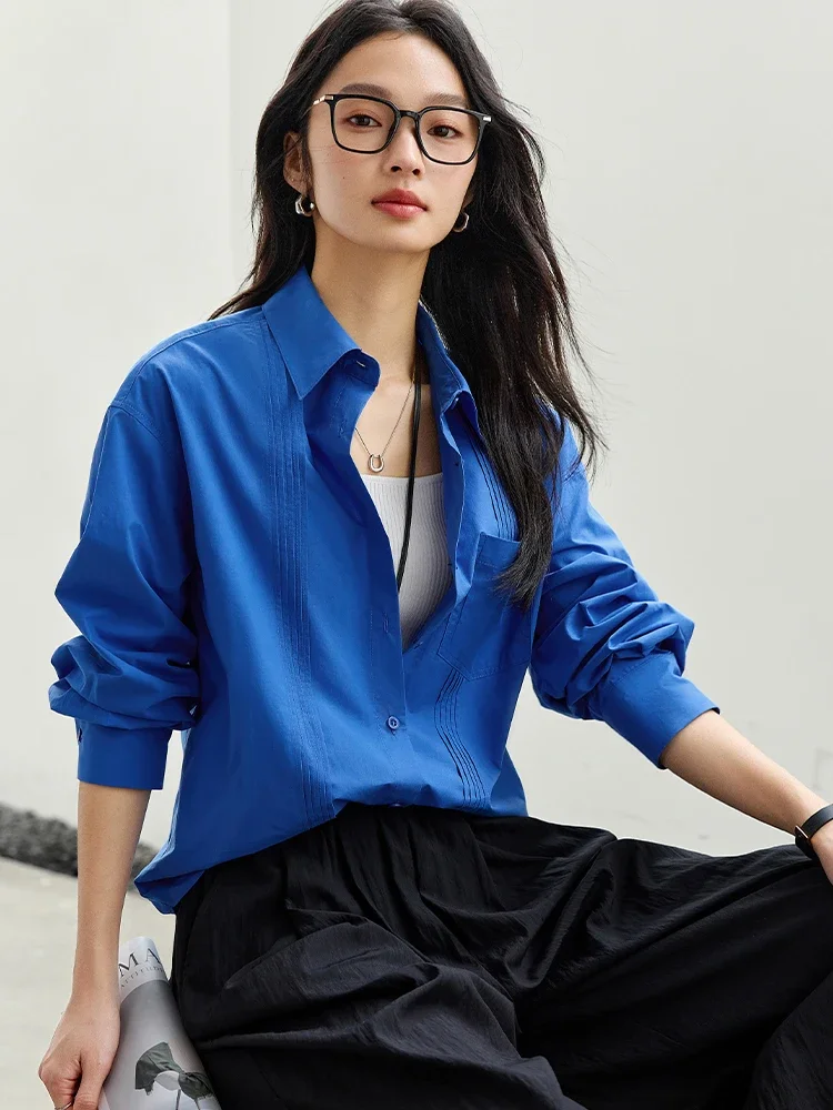 VIMLY Women Office Lady Klein Blue Shirt 2025 Spring Simple Casual Long Sleeve Polo Neck Loose Top Button Up Shirt Blouse  A0219