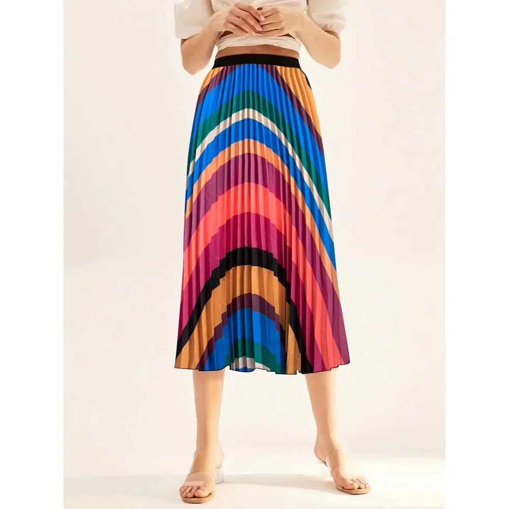 

Fashionable Waistband Wave Printed Pleated Skirt for Women's Mid Length Skirt A-line Skirt