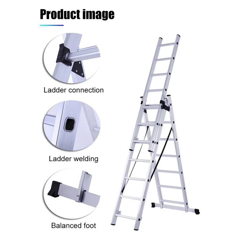custom.21-Foot Aluminum Extension Ladder with Handrail 3-Section Foldable Work Platform Silver OEM EN131 Certified