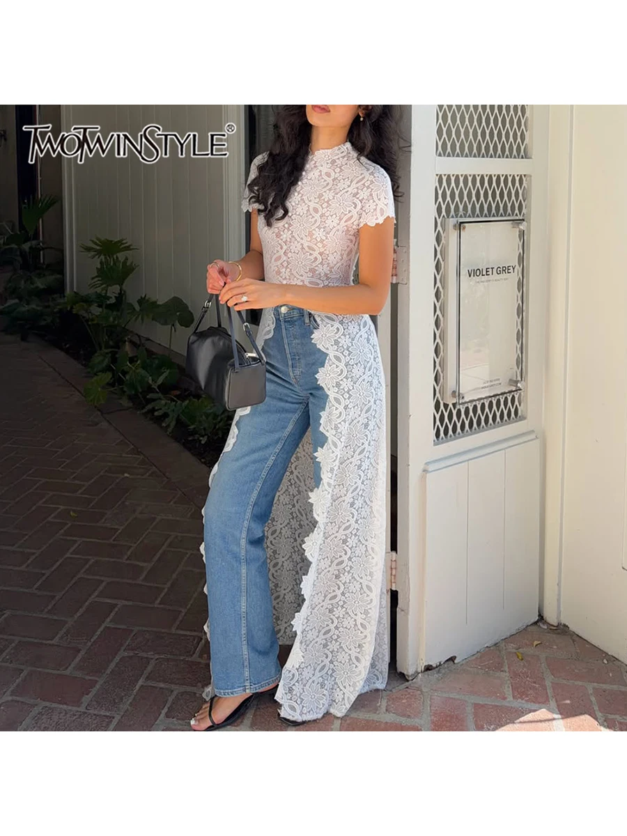 TWOTWINSTYLE Slimming Long Top Solid Spliced Flower for Women High Neck Short Sleeve Patchwork Lace Asymmetrical Shirt Female