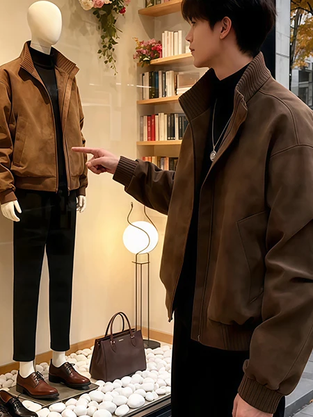 

Men's Baseball Jaet 2025 Autumn Faion Urban Thiened Fce ort Stand Collar Zipper Closure Cotton Leather Jaet