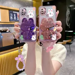 Flower Strap Mirror Rabbit Phone Holder Case On For Motorola Moto G60 G60S G50 G52 G53 G54 G73 G84 G40 G42 Fusion 5G 2021 Cover