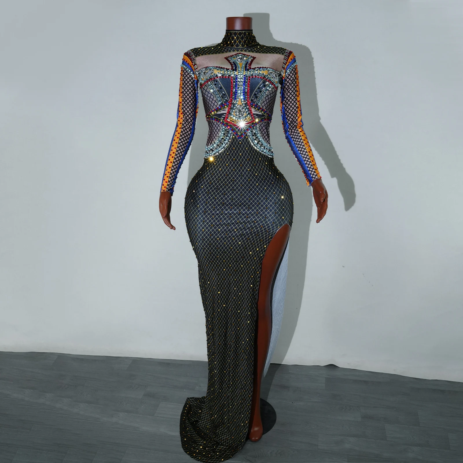 

Luxurious Crossshaped Rhinestone Halloween Dress With A Tail Sexy Party Club Singer Dance Performance Drag Queen Stage Costume