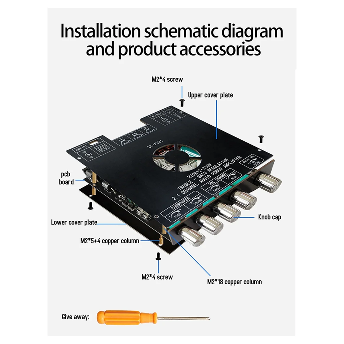 A68Z ZK-AS21 2.1 Channel TPA3255 Bluetooth Digital Power Amplifier Board Module High and Low Tone Subwoofer 220WX2+350W