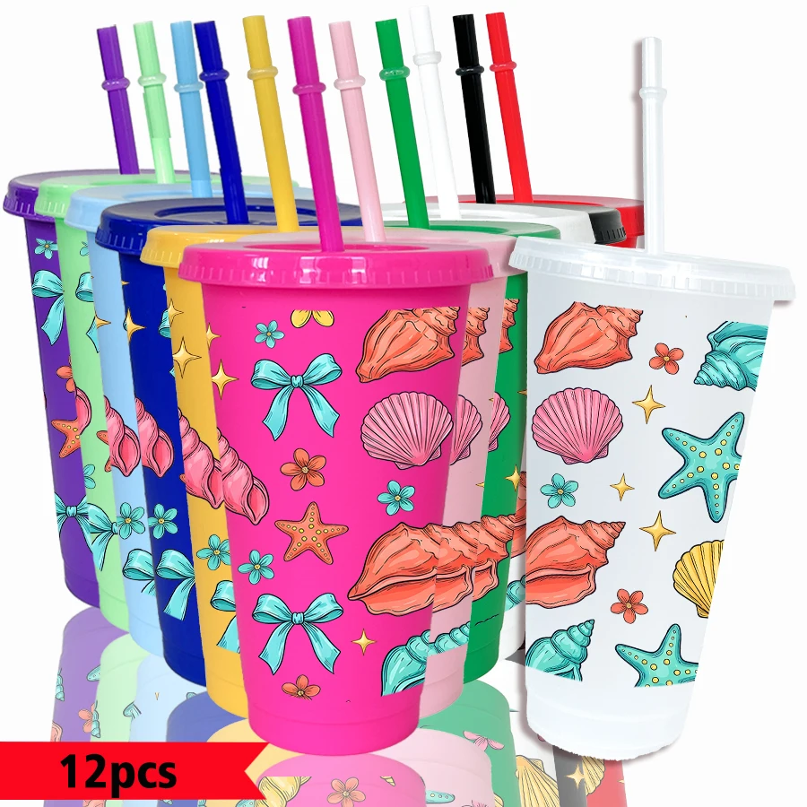 12pcs-pack-shell-bow-starfish-pattern-26oz-colored-plastic-party-cold-drink-cup-for-back-to-school-birthday-gift