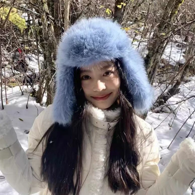 Fluffy Imitation Mink Fur Bomber Hats Men's Autumn and Winter Korean Version Plush Pilot Hat Female Ins Blogger Cycling Cold Hat