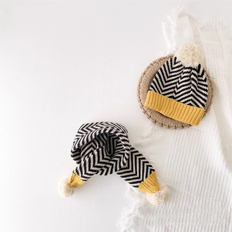 2PCS/Set Winter Kids Stripped Hat Scarf 2-5 Years Boy Girl Thick Warm Ear Protection Hats Outdoor Windproof Children Neckerchief