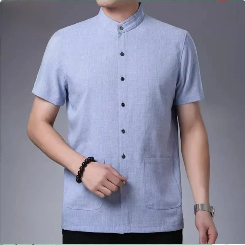 

Мужская хлопково-льняная рубашка Pierre Cardin, летняя, тонкая, с коротким рукавом, воротником-стойкой, дышащая, повседневная, модная, в городском стиле, свободного кроя