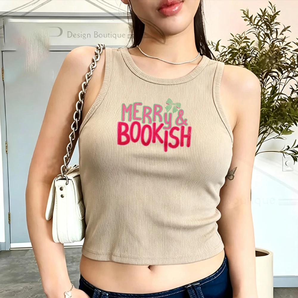 Y2k Ribbed Tank Top Crop Top Fitted Festive Font Holiday Theme Merry and Bookish Booktrovert Shirt Book Related Gifts Coqu