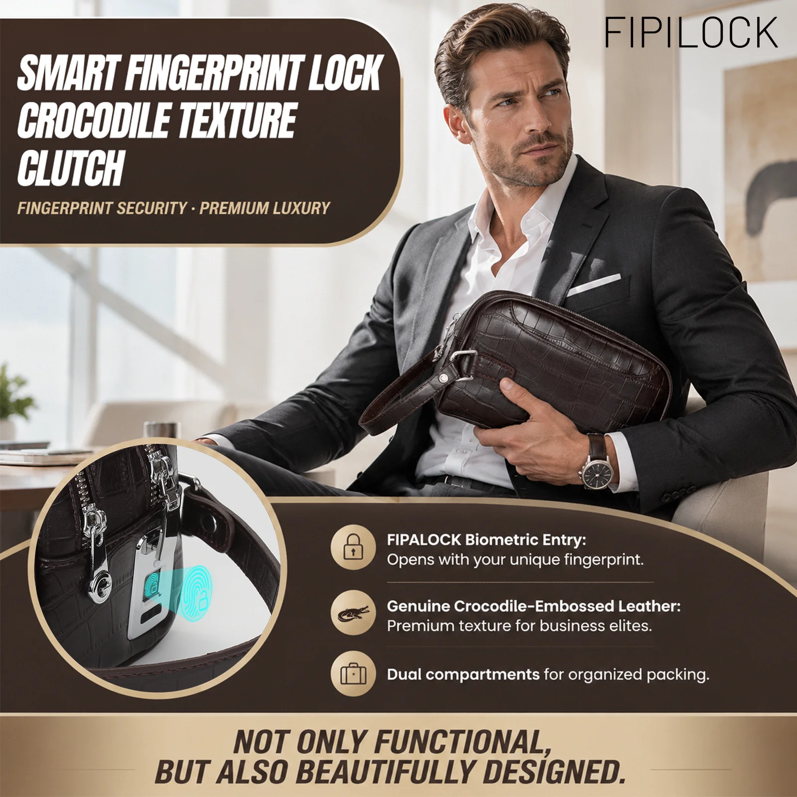 FIPILOCK Clutch Purses Bags Woman for Men Handbags with Smart Fingerprint Unlock Credit Card Holder Mobile Phone Wristlet Bag
