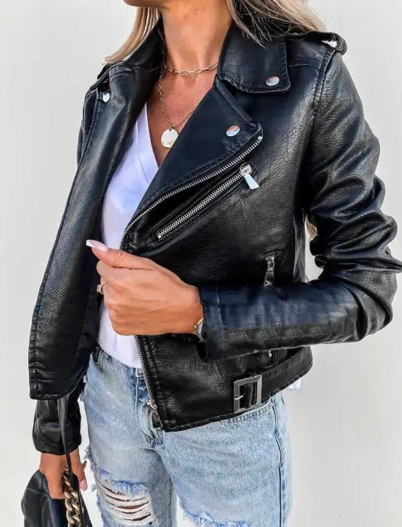 Modische und personalisierte High Street Fan Car Lederjacke, hübsche Slim-Fit-Lederjacke mit kurzem Reißverschluss für Damen im Herbst