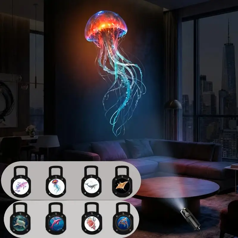 LED USB Projector Light Marine Life Ocean Theme with 8pcs Panels for Home Decor and Children Night Lighting