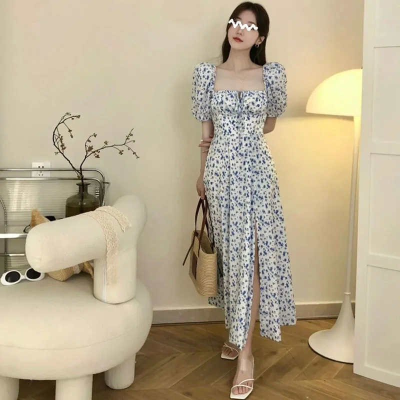 Xpqbb Dress for Women Summer Puff Short Sleeve Floral Printed Long Dresses Woman Korean Streetwear Side Split A-line Dress New