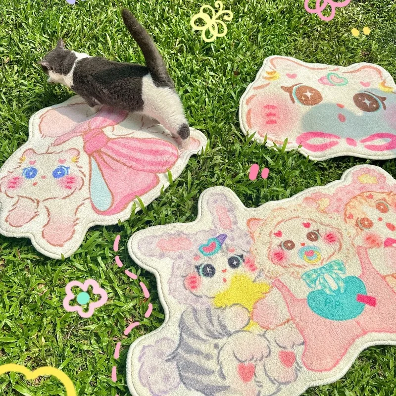 Cute Cat Girl Bedroom Decorative Carpet Irregular Cartoon Living Room Sofa Rug Kawaii Plush Floor Mat Comfortable Soft Foot Pad
