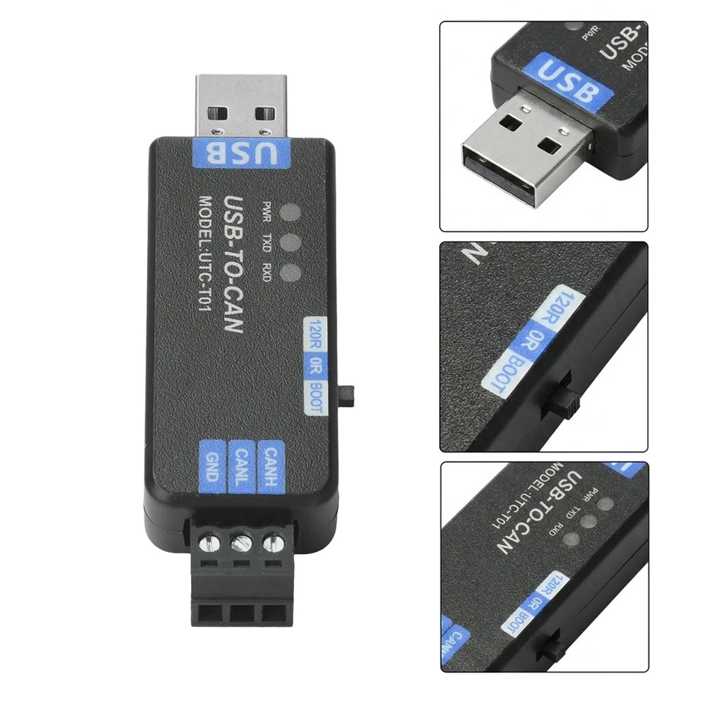 USB To CAN Bus Adapter UTC-T01 Industrial Grade With DIP Switch Real LED Indicators For Network Data Communication Testing Tool