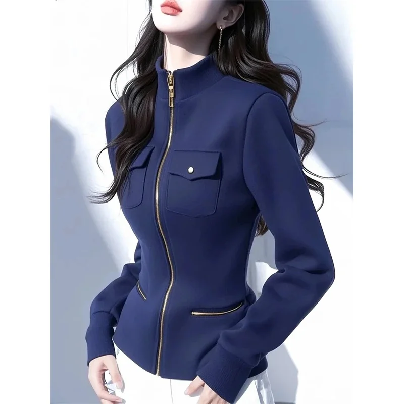 Black tand Collar Long Sleeve Hoodie Sweatshirts For Women 2025 Spring Autumn Korean Casual Slim Zipper Jacket Wild Short Coat