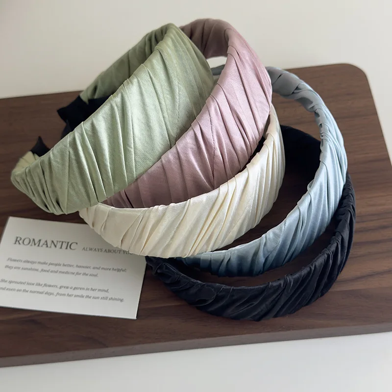 

Luxury Satin Headband for Women Wide Crinkle Twist Hairband Neutral Tone Solid Color Headwrap Daily High Crown Hair Accessories