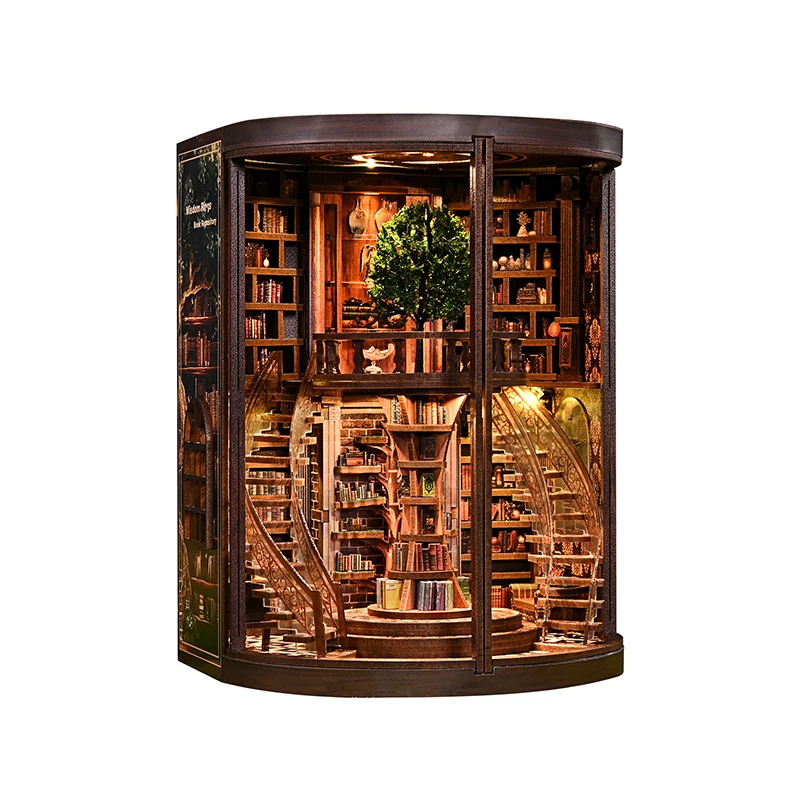 DIY Book Nook Wooden Miniature Model Kits Wisdom Rings Book Repository Bookend 3D Puzzle with Light for Friend Birthday Gifts