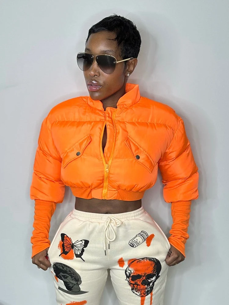 Orange Cropped Puffer Jackets Women 2026 Autumn Winter Warm Long Sleeve Zip-Up Bubble Quilted Coat Female Lightweight Outerwear