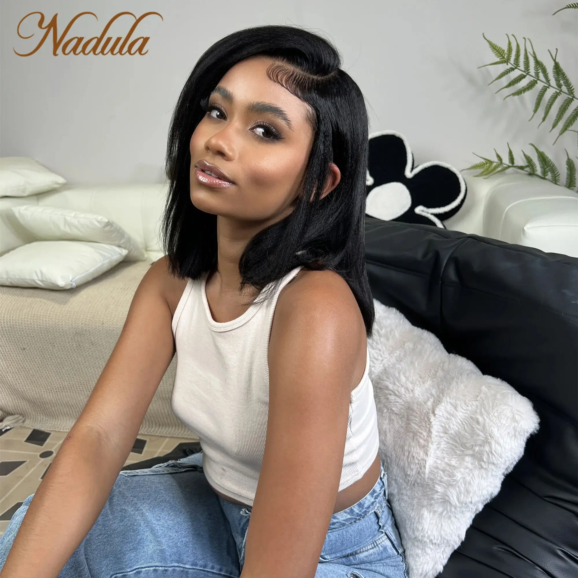 

Nadula Hair Yaki Straight 7X5 Bye Bye Knots Pre Cut Lace Short Bob Glueless Wig 13x4 Pre-Everything Lace Frontal Human Hair Wig