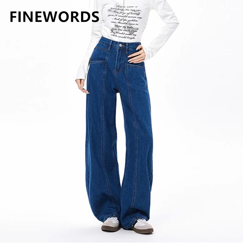 

FINEWORDS винтажные повседневные синие джинсы с высокой талией женские свободные джинсы Easymatch корейская уличная одежда винтажные джинсовые брюки