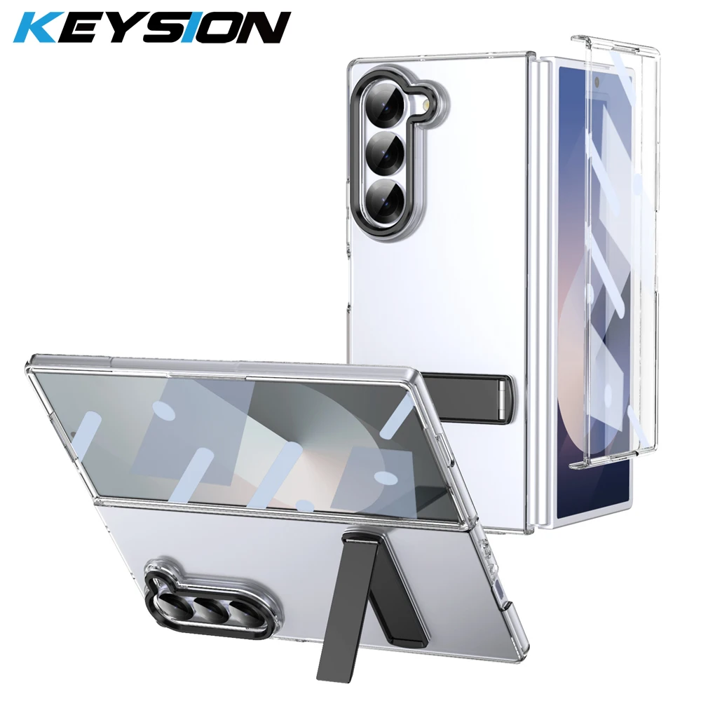 KEYSION Transparent Case for Samsung Z Fold 6 5 4 3 5G Hard PC Metal Kickstand Shockproof Phone Back Cover with Screen Protector