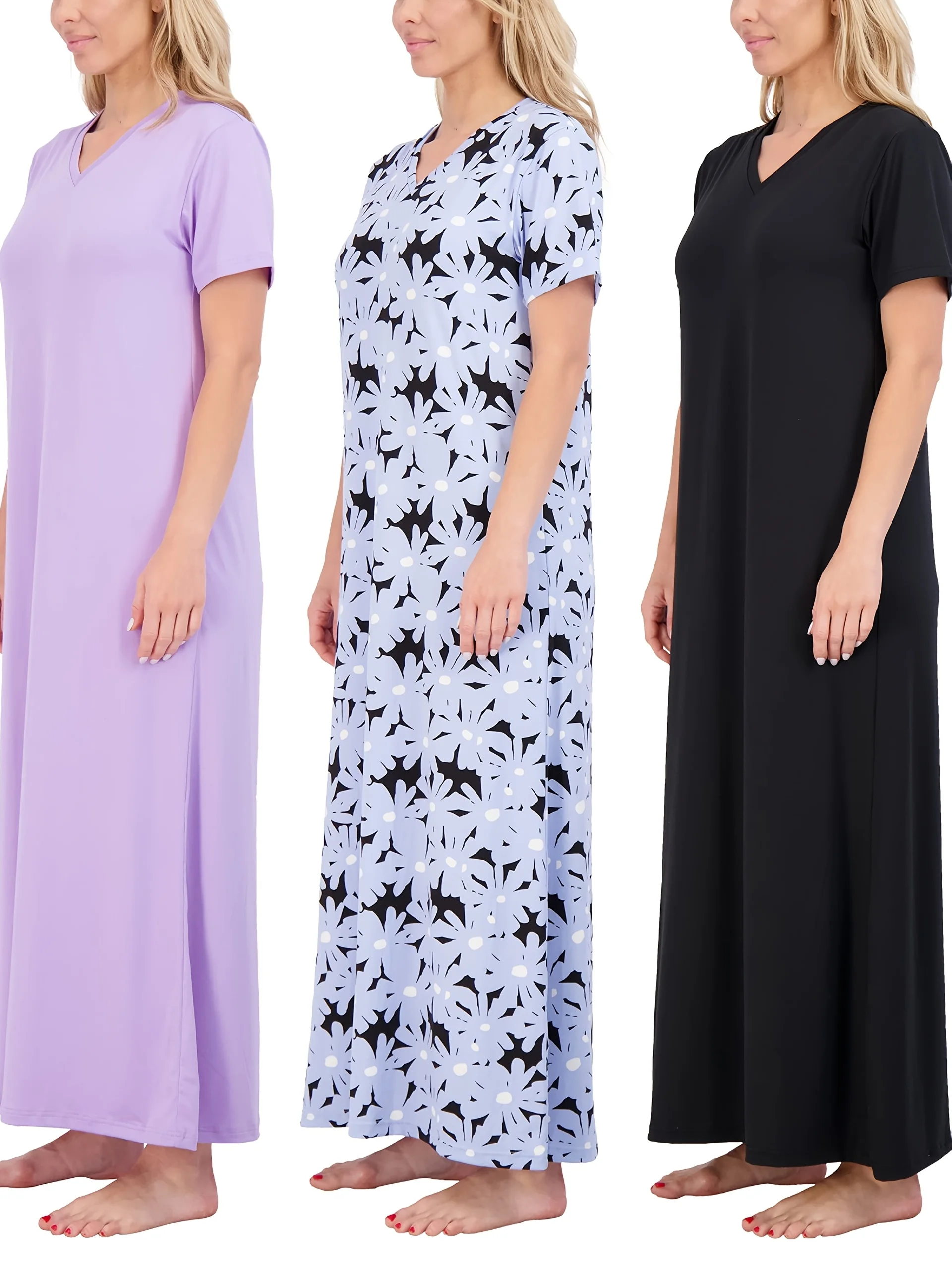 

European & American Size 3-Piece Set: Women's Ultra-Soft Long Short-Sleeve Pajamas & Nightdress